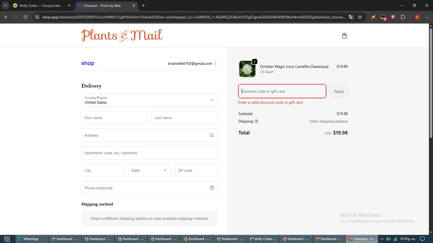 PlantsbyMail.com promo code screenshot showing code cam15 applied at PlantsbyMail.com checkout page. Uploaded by SimplyCodes community member BrilliantLynx7174 on Nov 7, 2025