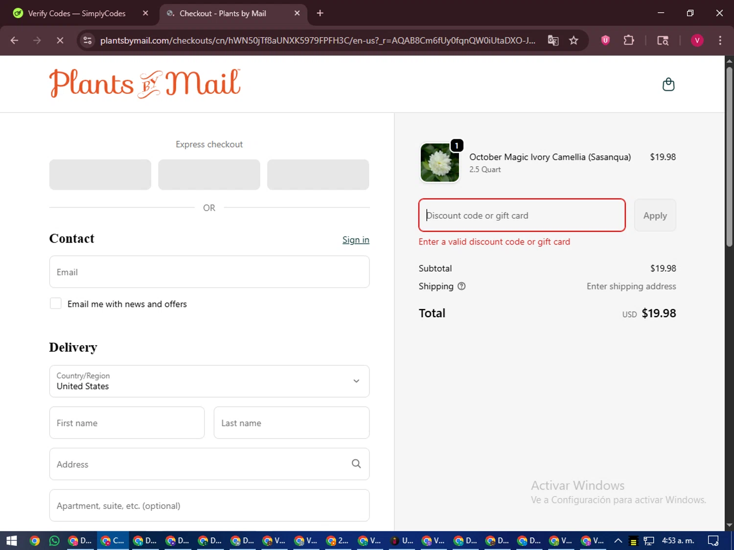 PlantsbyMail.com promo code screenshot showing code cam15 applied at PlantsbyMail.com checkout page. Uploaded by SimplyCodes community member ShieldEagle6102 on Nov 7, 2025
