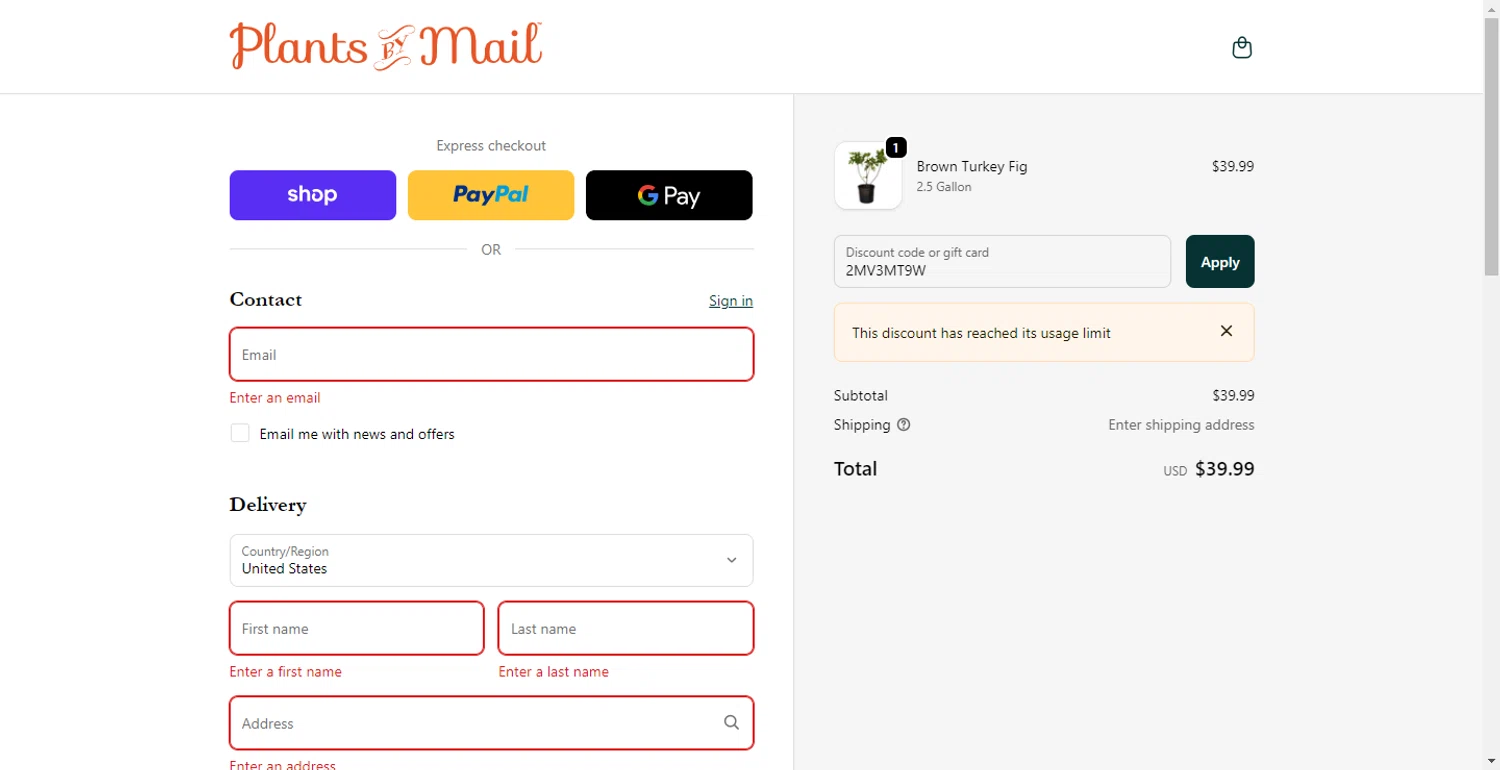 PlantsbyMail.com promo code screenshot showing code 2MV3MT9W applied at PlantsbyMail.com checkout page. Uploaded by SimplyCodes community member DiscountTracker247 on Nov 18, 2025