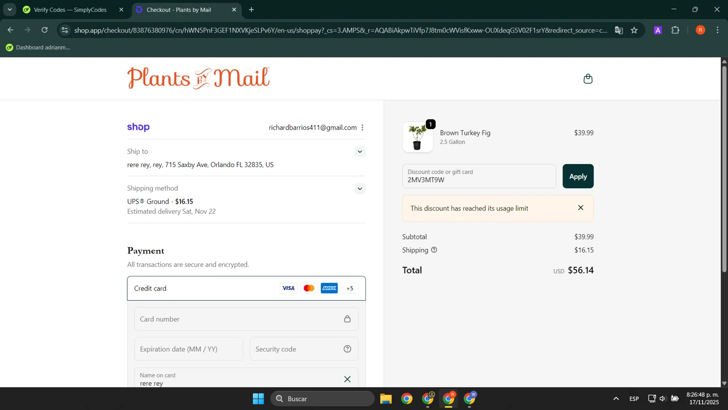PlantsbyMail.com promo code screenshot showing code 2MV3MT9W applied at PlantsbyMail.com checkout page. Uploaded by SimplyCodes community member LuckyShopper9694 on Nov 18, 2025