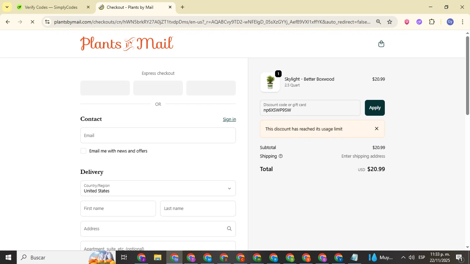 PlantsbyMail.com promo code screenshot showing code np6XSWP9SW applied at PlantsbyMail.com checkout page. Uploaded by SimplyCodes community member FrugalOwl962 on Nov 23, 2025