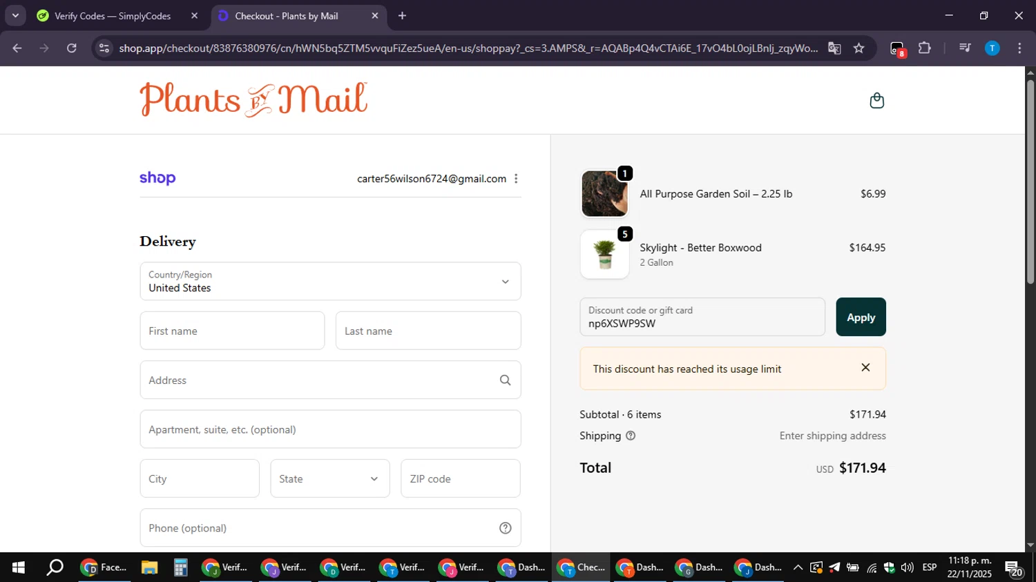 PlantsbyMail.com promo code screenshot showing code np6XSWP9SW applied at PlantsbyMail.com checkout page. Uploaded by SimplyCodes community member LuckyPioneer4530 on Nov 23, 2025