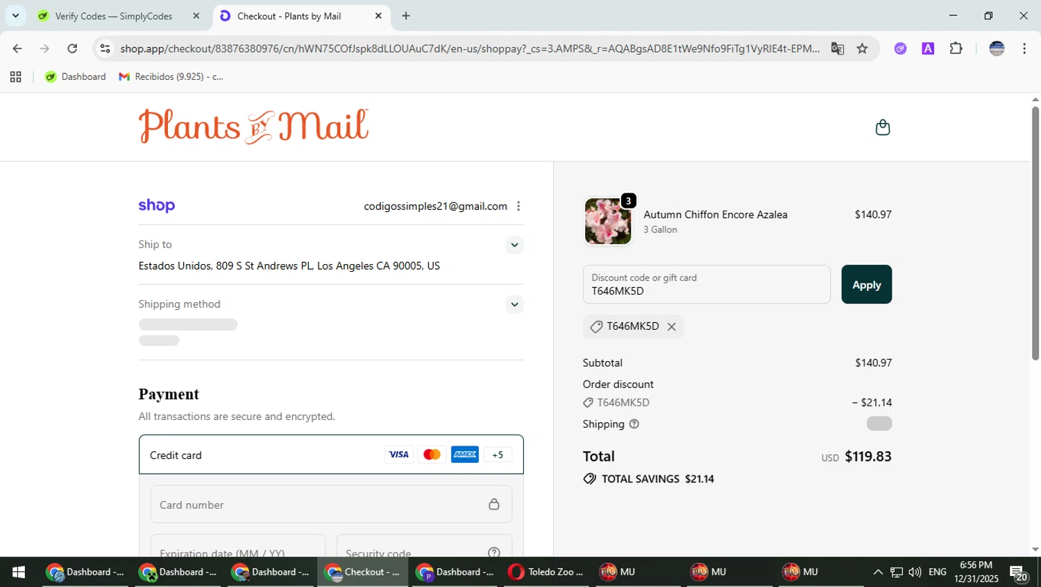 PlantsbyMail.com checkout page showing PlantsbyMail.com promo code box | Screenshot taken by SimplyCodes community member on Dec 31, 2025