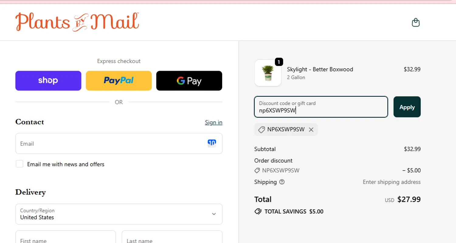 PlantsbyMail.com promo code screenshot showing code np6XSWP9SW applied at PlantsbyMail.com checkout page. Uploaded by SimplyCodes community member Westcoll on Nov 15, 2025