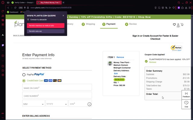 Plants.com checkout page showing Plants.com promo code box | Screenshot taken by SimplyCodes community member on Aug 1, 2025