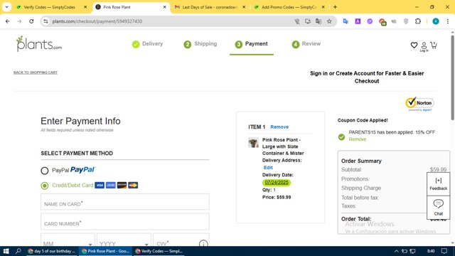 Plants.com checkout page showing Plants.com promo code box | Screenshot taken by SimplyCodes community member on Jul 21, 2025