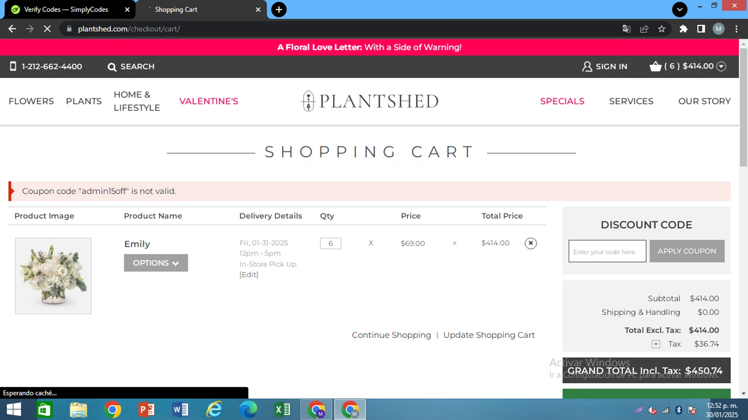 PlantShed New York Flowers promo code screenshot showing code admin15off applied at PlantShed New York Flowers checkout page. Uploaded by SimplyCodes community member AJOTAA on Jan 30, 2025