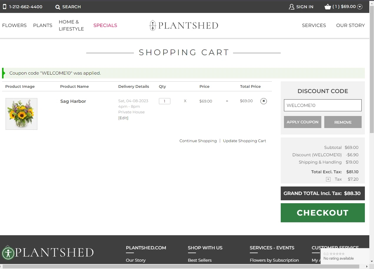 PlantShed New York Flowers checkout page showing PlantShed New York Flowers promo code box | Screenshot taken by SimplyCodes community member on Apr 5, 2023