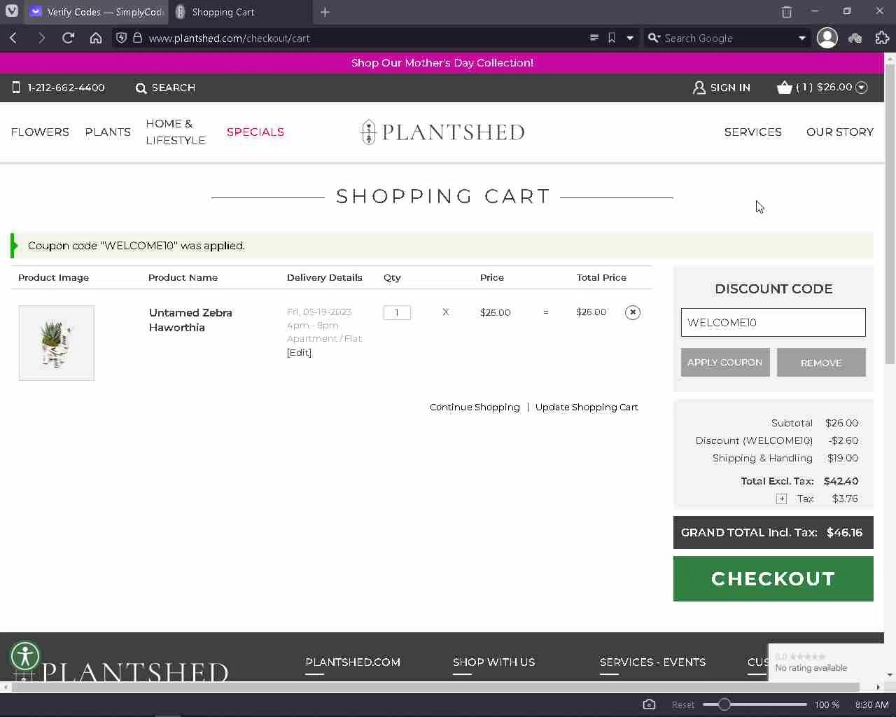 PlantShed New York Flowers checkout page showing PlantShed New York Flowers promo code box | Screenshot taken by SimplyCodes community member on May 5, 2023