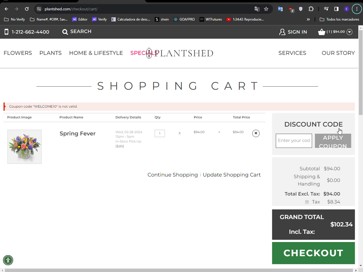 PlantShed New York Flowers checkout page showing PlantShed New York Flowers promo code box | Screenshot taken by SimplyCodes community member on Feb 27, 2024