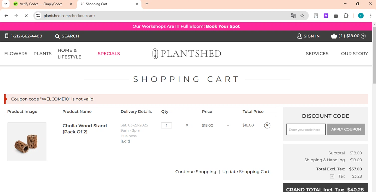 PlantShed New York Flowers promo code screenshot showing code WELCOME10 applied at PlantShed New York Flowers checkout page. Uploaded by SimplyCodes community member TokenScout7028 on Mar 24, 2025