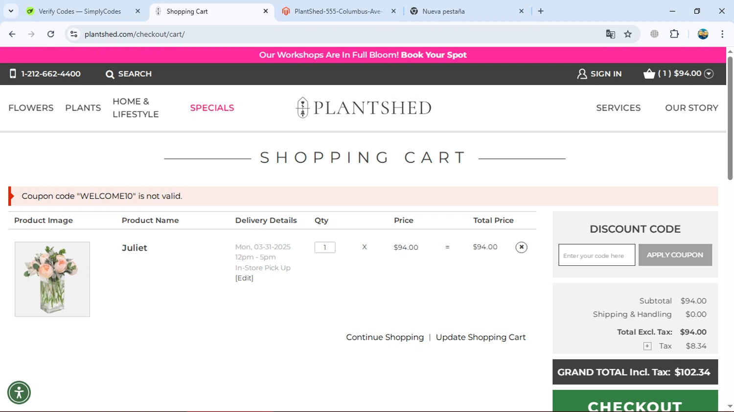 PlantShed New York Flowers promo code screenshot showing code WELCOME10 applied at PlantShed New York Flowers checkout page. Uploaded by SimplyCodes community member gleykerjose on Mar 24, 2025