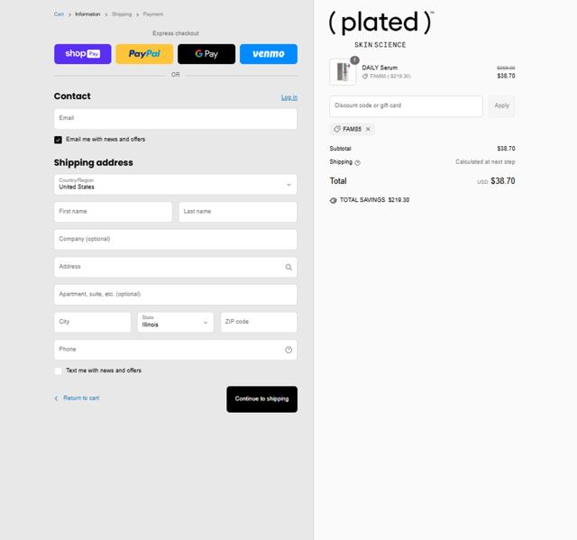 (plated) Skin Science checkout page showing (plated) Skin Science discount code box | Screenshot taken by SimplyCodes community member on Mar 14, 2025