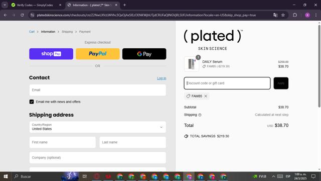(plated) Skin Science checkout page showing (plated) Skin Science discount code box | Screenshot taken by SimplyCodes community member on Mar 24, 2025