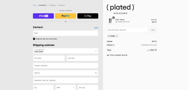 (plated) Skin Science checkout page showing (plated) Skin Science discount code box | Screenshot taken by SimplyCodes community member on Apr 13, 2025