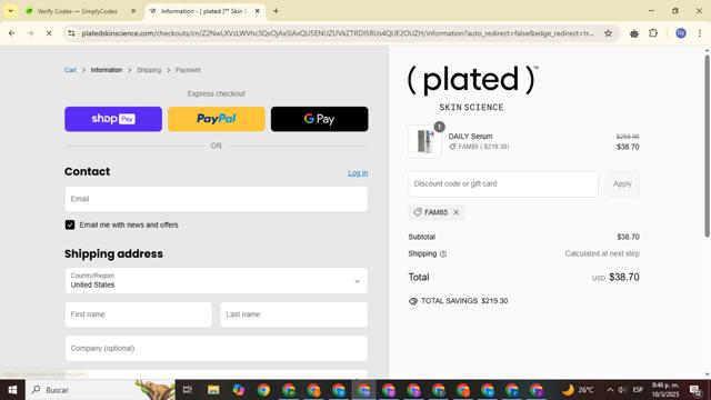(plated) Skin Science checkout page showing (plated) Skin Science discount code box | Screenshot taken by SimplyCodes community member on Mar 11, 2025