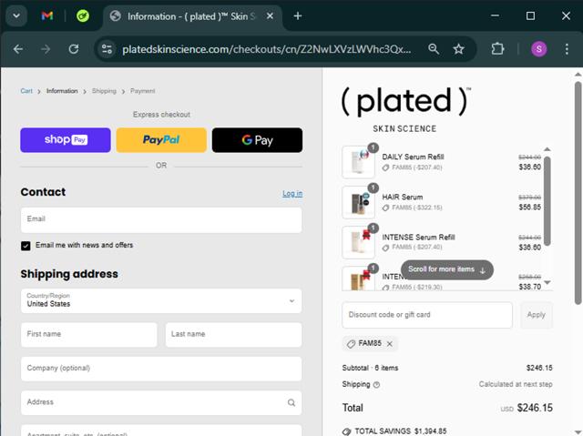 (plated) Skin Science checkout page showing (plated) Skin Science discount code box | Screenshot taken by SimplyCodes community member on Apr 5, 2025