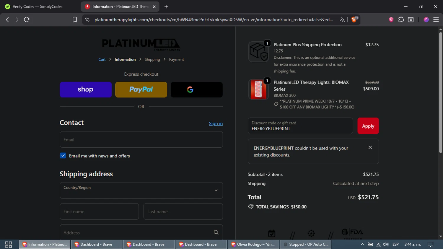PlatinumLED Therapy Lights promo code screenshot showing code ENERGYBLUEPRINT applied at PlatinumLED Therapy Lights checkout page. Uploaded by SimplyCodes community member Samira on Oct 13, 2025