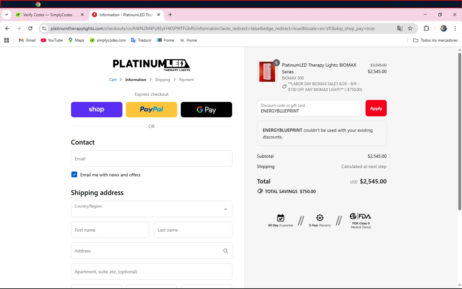 PlatinumLED Therapy Lights promo code screenshot showing code ENERGYBLUEPRINT applied at PlatinumLED Therapy Lights checkout page. Uploaded by SimplyCodes community member ELMORADO on Aug 29, 2025