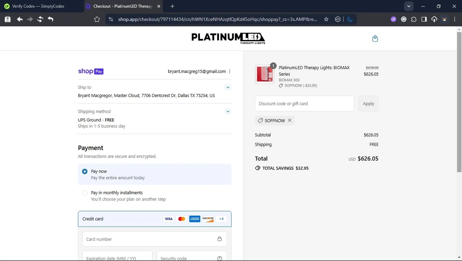 PlatinumLED Therapy Lights promo code screenshot showing code 5OFFNOW applied at PlatinumLED Therapy Lights checkout page. Uploaded by SimplyCodes community member LegendaryCollector6259 on Aug 7, 2025
