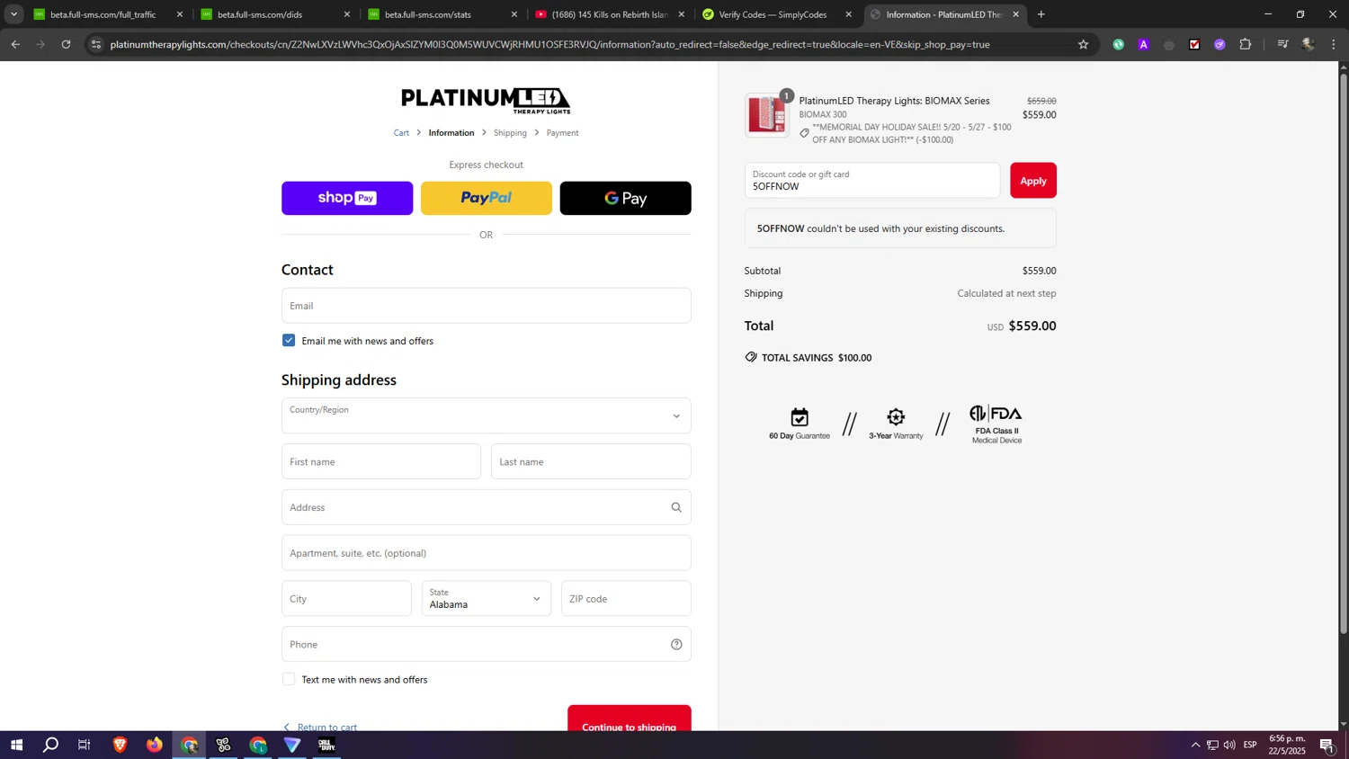 PlatinumLED Therapy Lights promo code screenshot showing code 5OFFNOW applied at PlatinumLED Therapy Lights checkout page. Uploaded by SimplyCodes community member eliaskao on May 22, 2025