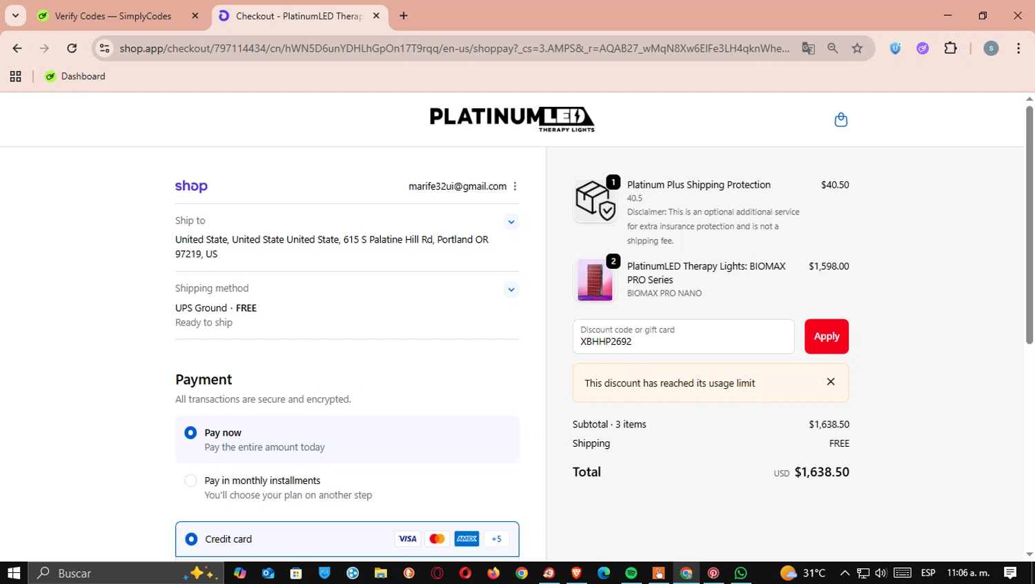 PlatinumLED Therapy Lights promo code screenshot showing code XBHHP2692 applied at PlatinumLED Therapy Lights checkout page. Uploaded by SimplyCodes community member Mrburns on Nov 12, 2025