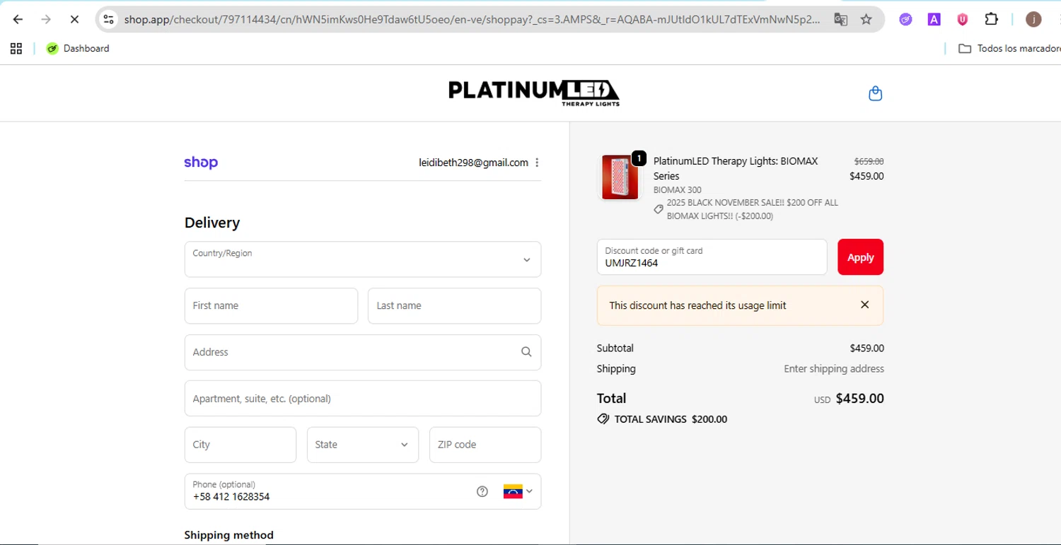 PlatinumLED Therapy Lights promo code screenshot showing code UMJRZ1464 applied at PlatinumLED Therapy Lights checkout page. Uploaded by SimplyCodes community member Jose29 on Nov 26, 2025
