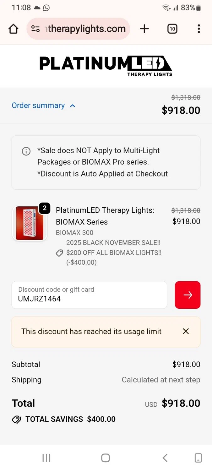 PlatinumLED Therapy Lights promo code screenshot showing code UMJRZ1464 applied at PlatinumLED Therapy Lights checkout page. Uploaded by SimplyCodes community member PennySaver9600 on Nov 26, 2025