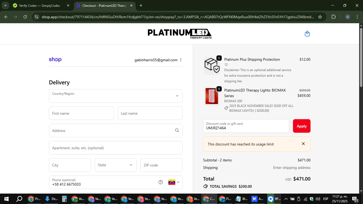 PlatinumLED Therapy Lights promo code screenshot showing code UMJRZ1464 applied at PlatinumLED Therapy Lights checkout page. Uploaded by SimplyCodes community member gabinharris55 on Nov 26, 2025