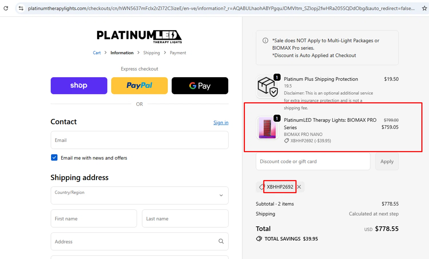 PlatinumLED Therapy Lights promo code screenshot showing code XBHHP2692 applied at PlatinumLED Therapy Lights checkout page. Uploaded by SimplyCodes community member nileskamarcano on Nov 9, 2025