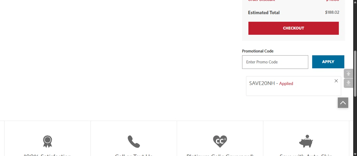 Platinum Performance promo code screenshot showing code SAVE20NH applied at Platinum Performance checkout page. Uploaded by SimplyCodes community member 111111 on Dec 20, 2025