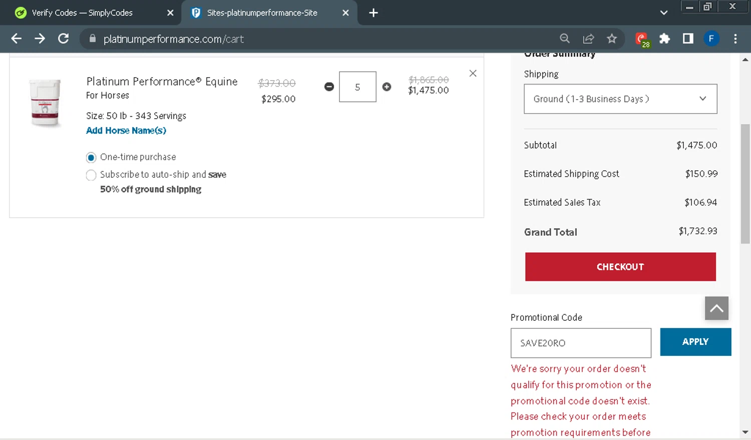 Platinum Performance promo code screenshot showing code SAVE20RO applied at Platinum Performance checkout page. Uploaded by SimplyCodes community member Fraimer on Nov 11, 2025