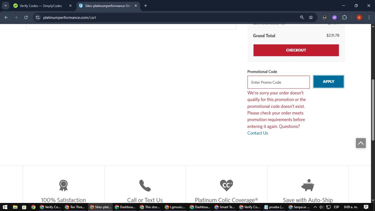 Platinum Performance checkout page showing Platinum Performance promo code box | Screenshot taken by SimplyCodes community member on Nov 8, 2025