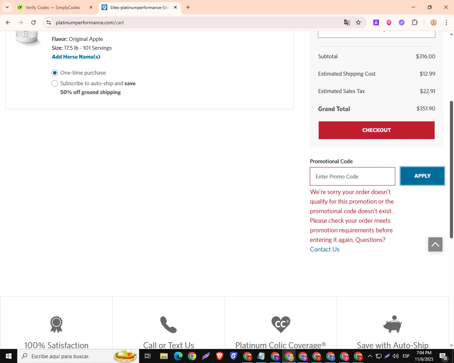 Platinum Performance promo code screenshot showing code LOCALSYV2025 applied at Platinum Performance checkout page. Uploaded by SimplyCodes community member DealMaestro3966 on Nov 7, 2025