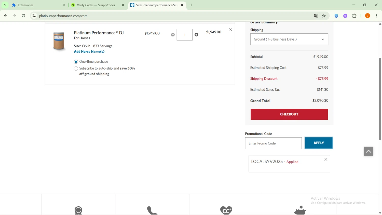 Platinum Performance checkout page showing Platinum Performance promo code box | Screenshot taken by SimplyCodes community member on Oct 12, 2025