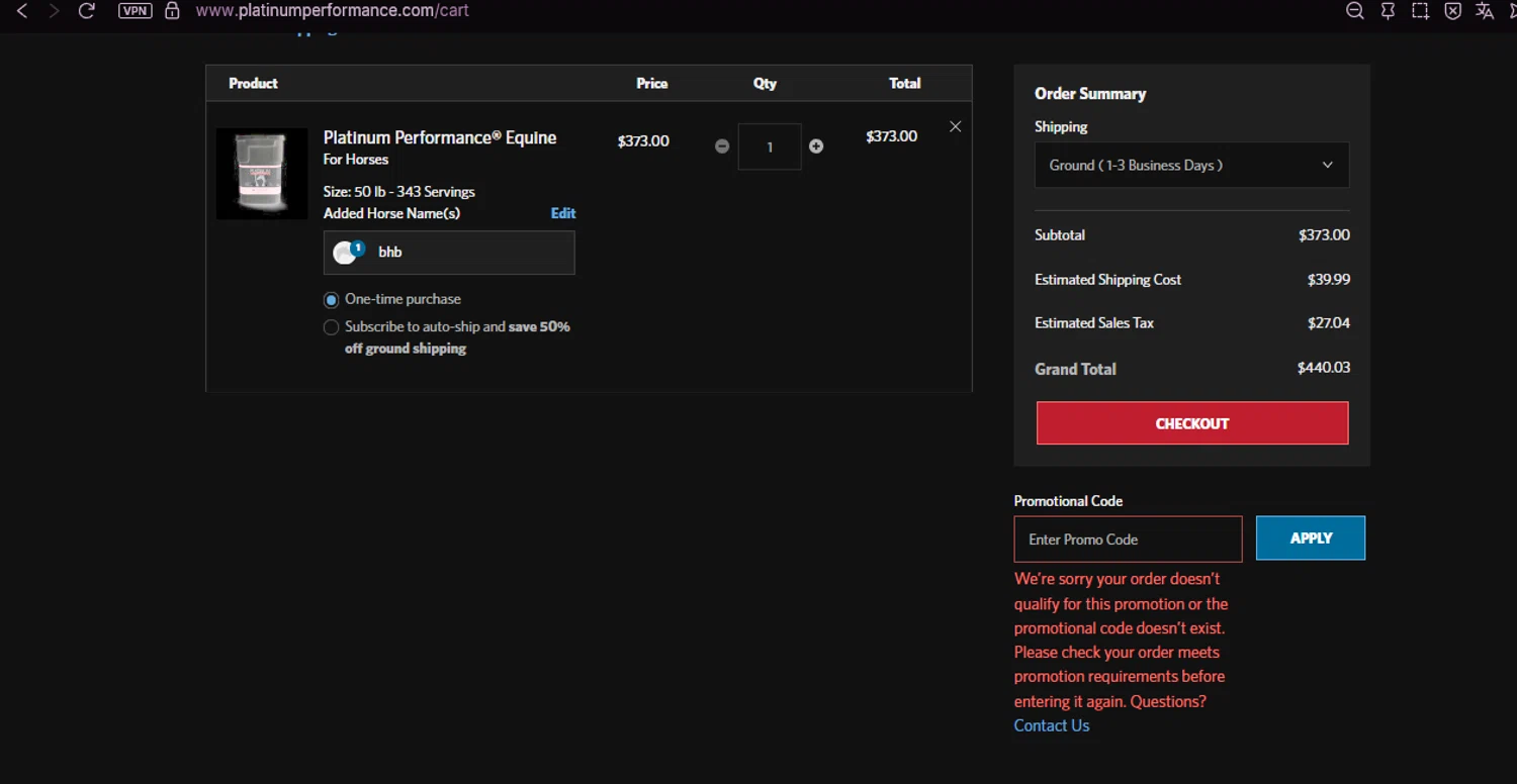 Platinum Performance promo code screenshot showing code LOCALSYV2025 applied at Platinum Performance checkout page. Uploaded by SimplyCodes community member chepipi on Nov 6, 2025