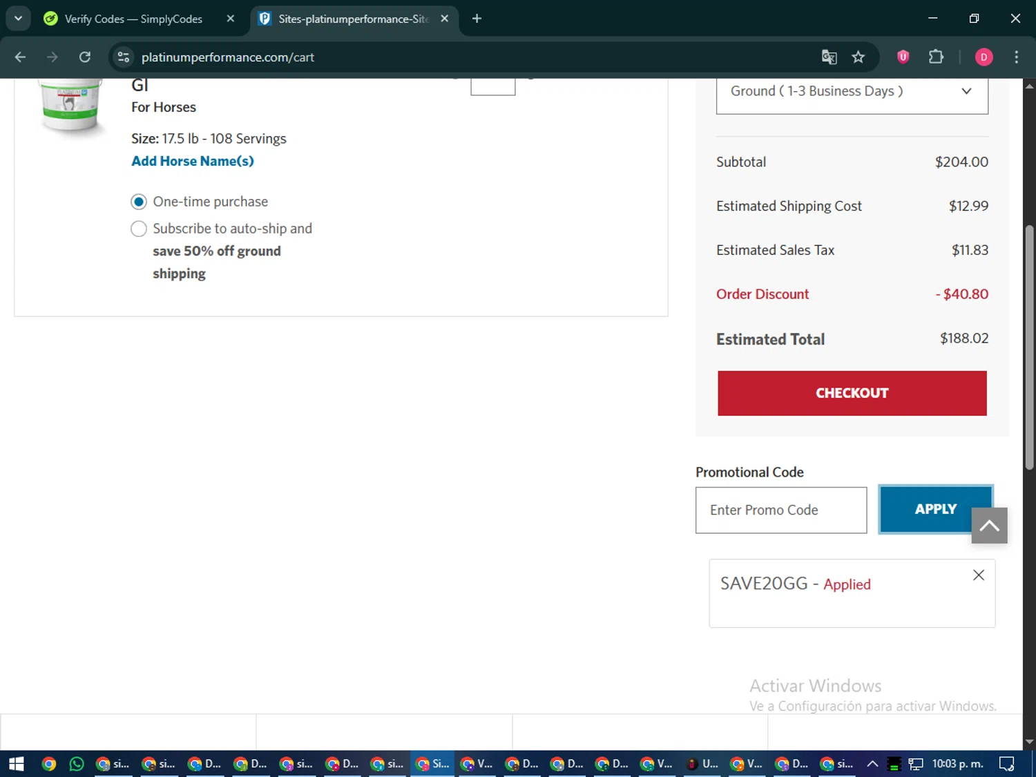 Platinum Performance promo code screenshot showing code SAVE20GG applied at Platinum Performance checkout page. Uploaded by SimplyCodes community member MoneySeeker7165 on Dec 20, 2025
