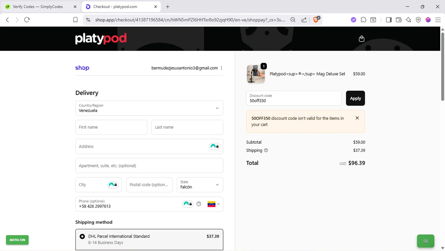 Platypod discount code screenshot showing code 50off350 applied at Platypod checkout page. Uploaded by SimplyCodes community member SapeGato on Nov 27, 2025
