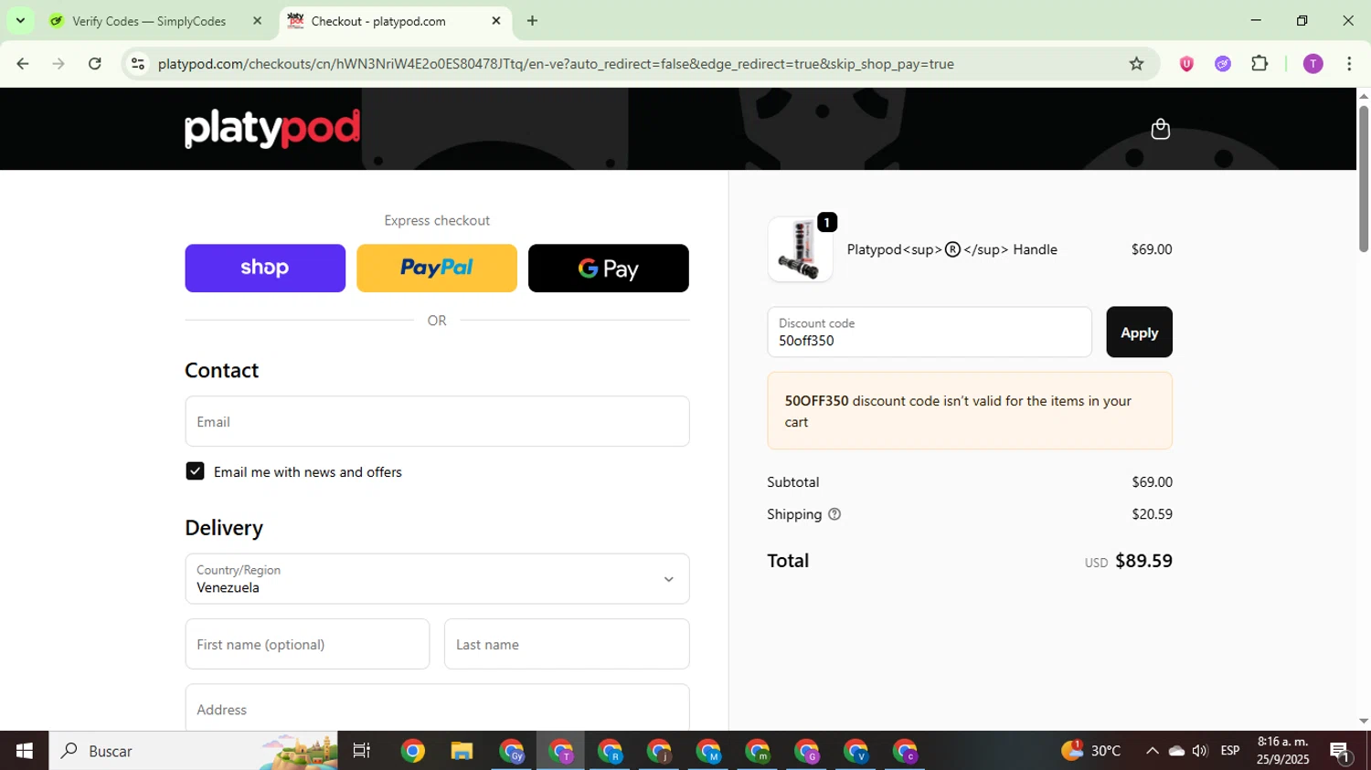 Platypod discount code screenshot showing code 50off350 applied at Platypod checkout page. Uploaded by SimplyCodes community member ThriftyCurator4085 on Sep 25, 2025
