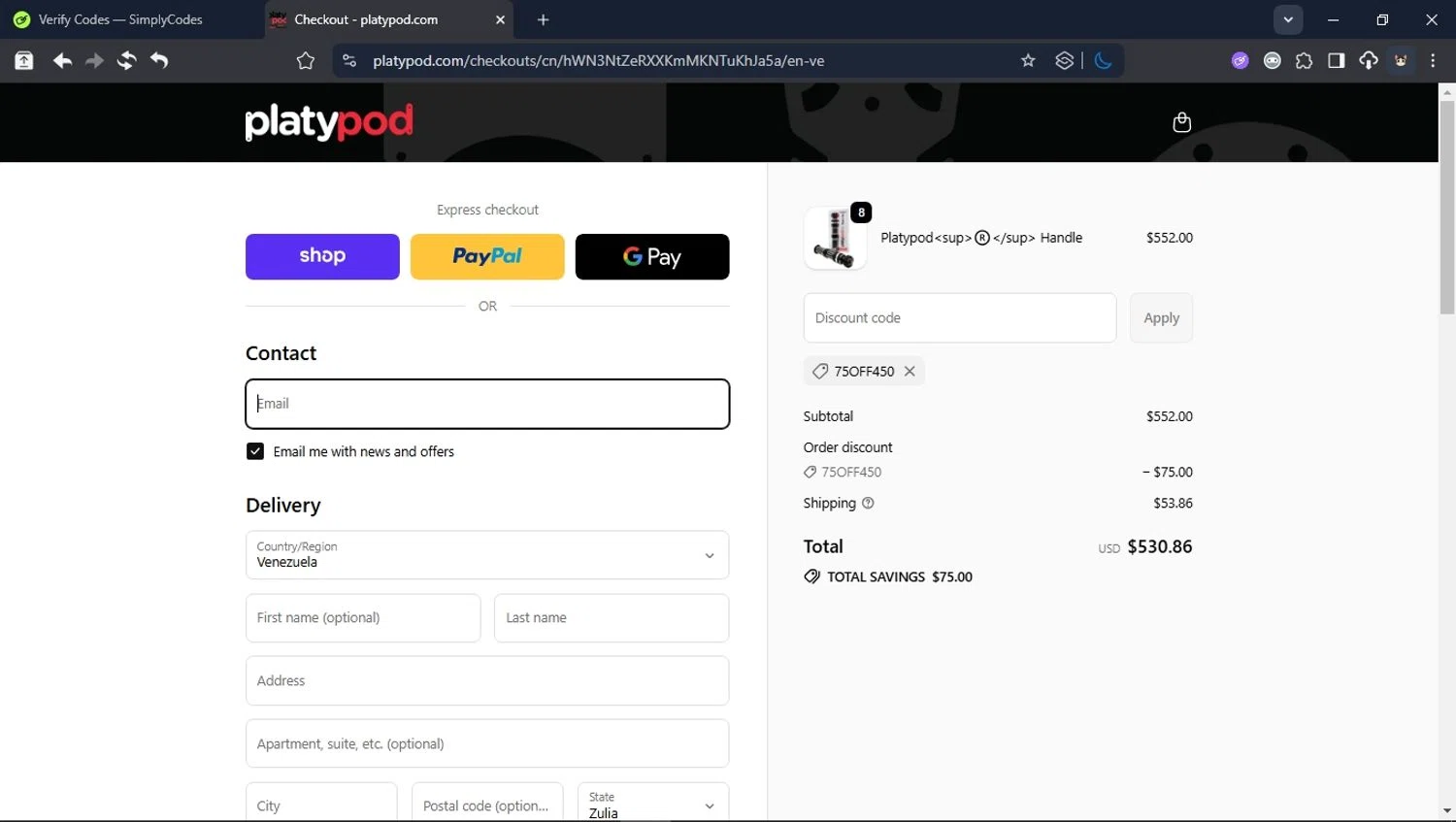 Platypod discount code screenshot showing code 75off450 applied at Platypod checkout page. Uploaded by SimplyCodes community member User_Randon1 on Sep 25, 2025
