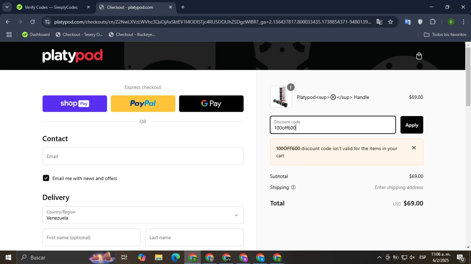 Platypod discount code screenshot showing code 100off600 applied at Platypod checkout page. Uploaded by SimplyCodes community member BadMyke on Feb 6, 2025