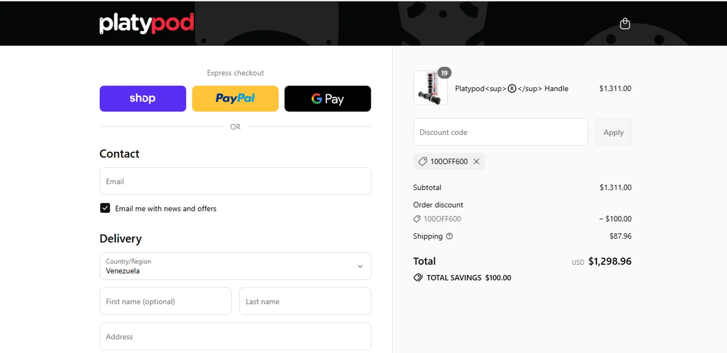 Platypod discount code screenshot showing code 100off600 applied at Platypod checkout page. Uploaded by SimplyCodes community member MoneyHunter5624 on Sep 10, 2025