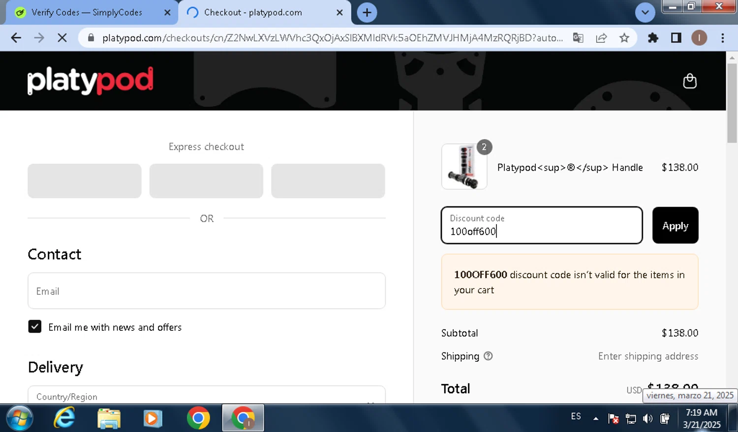 Platypod discount code screenshot showing code 100off600 applied at Platypod checkout page. Uploaded by SimplyCodes community member pequenokalvin5 on Mar 21, 2025
