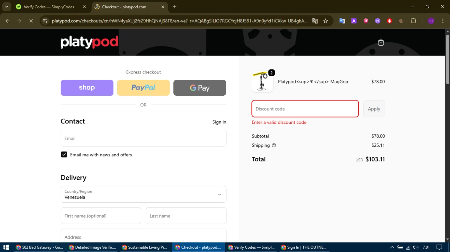 Platypod discount code screenshot showing code Nlj2025 applied at Platypod checkout page. Uploaded by SimplyCodes community member WonderHawk4272 on Nov 6, 2025
