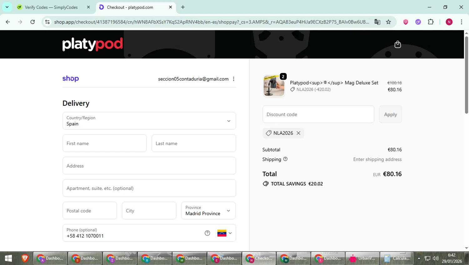 Platypod checkout page showing Platypod discount code box | Screenshot taken by SimplyCodes community member on Jan 29, 2026