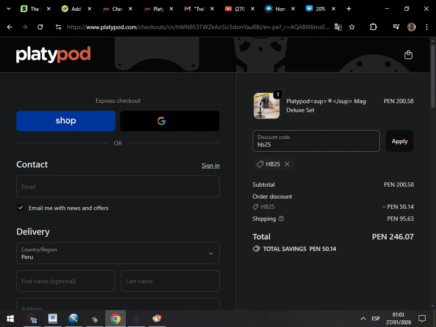Platypod discount code screenshot showing code hb25 applied at Platypod checkout page. Uploaded by SimplyCodes community member MarcosAranguren on Jan 27, 2026