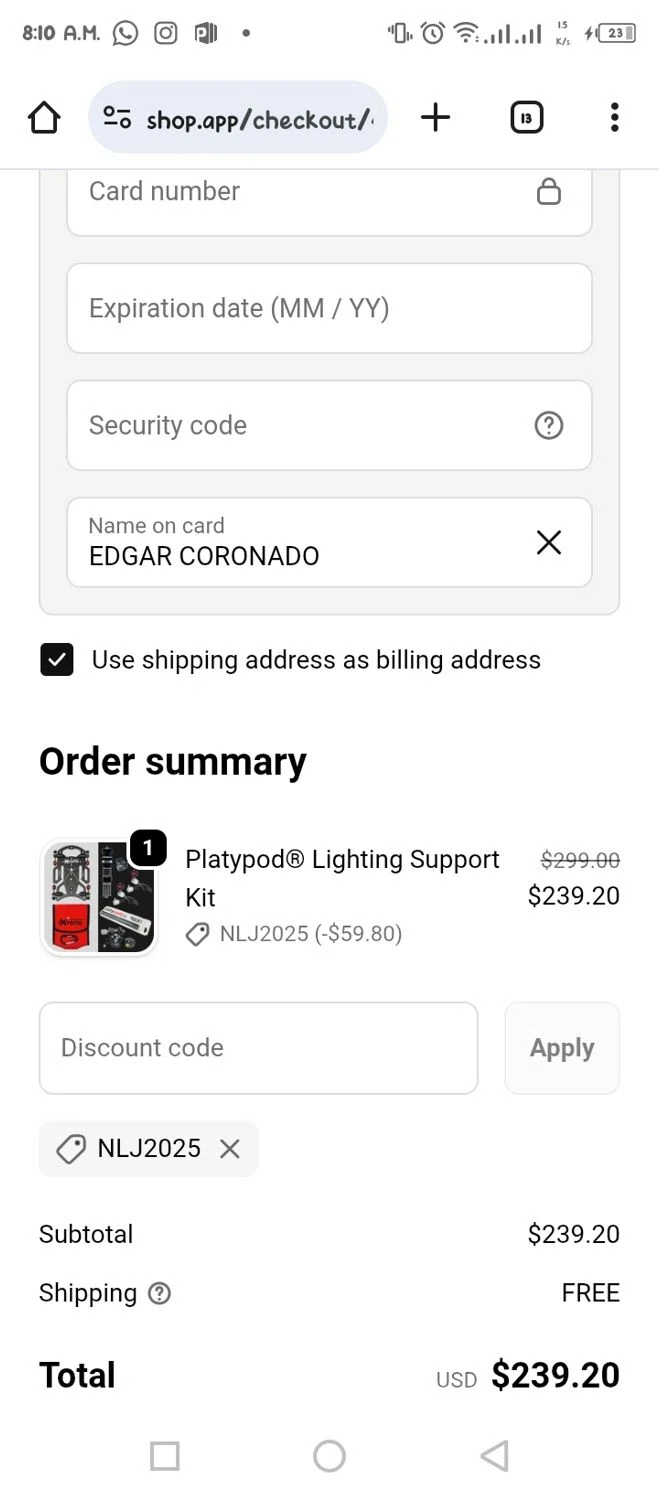 Platypod discount code screenshot showing code Nlj2025 applied at Platypod checkout page. Uploaded by SimplyCodes community member tumiedo on Sep 25, 2025