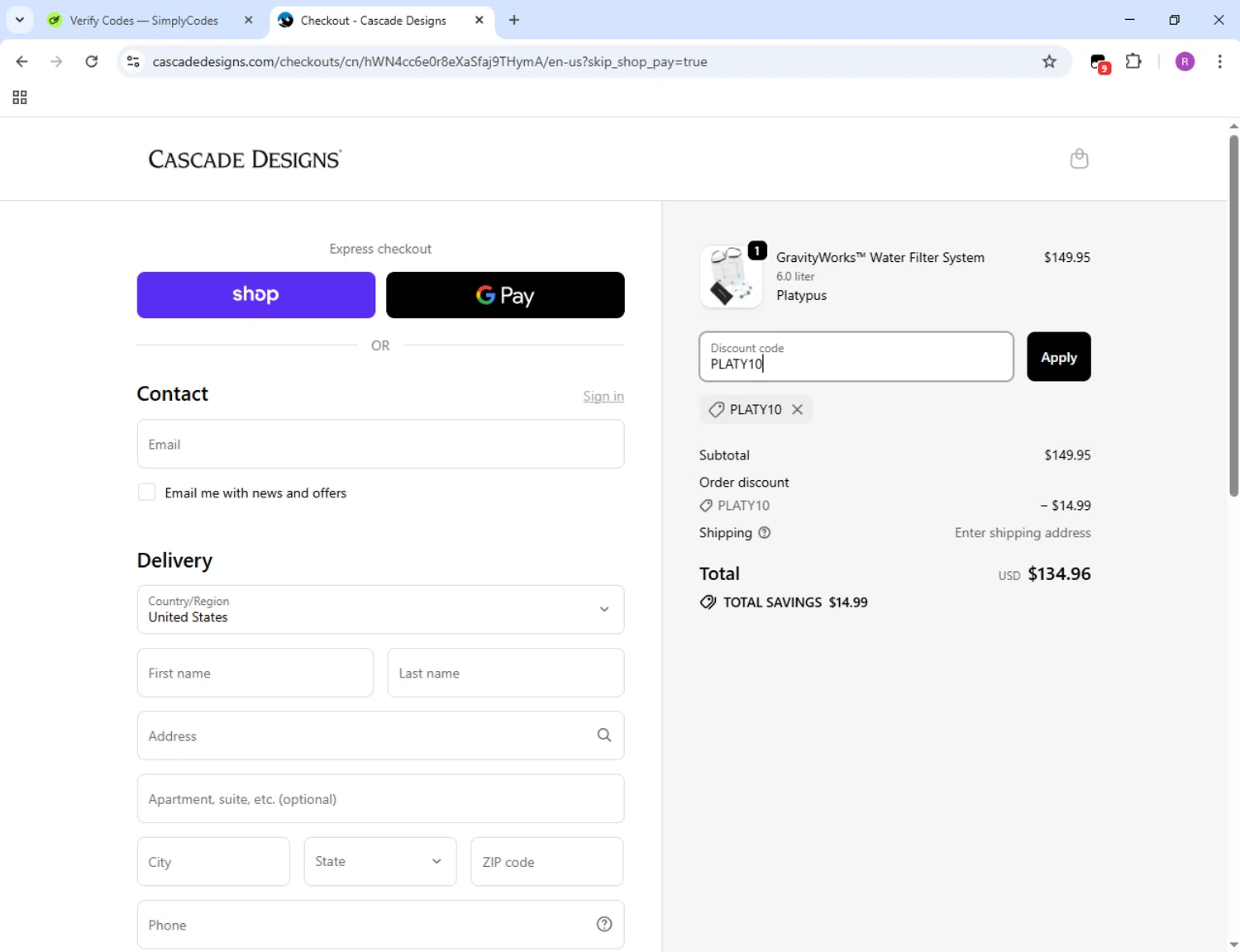 Platypus promo code screenshot showing code PLATY10 applied at Platypus checkout page. Uploaded by SimplyCodes community member GloriousMaven6295 on Oct 28, 2025