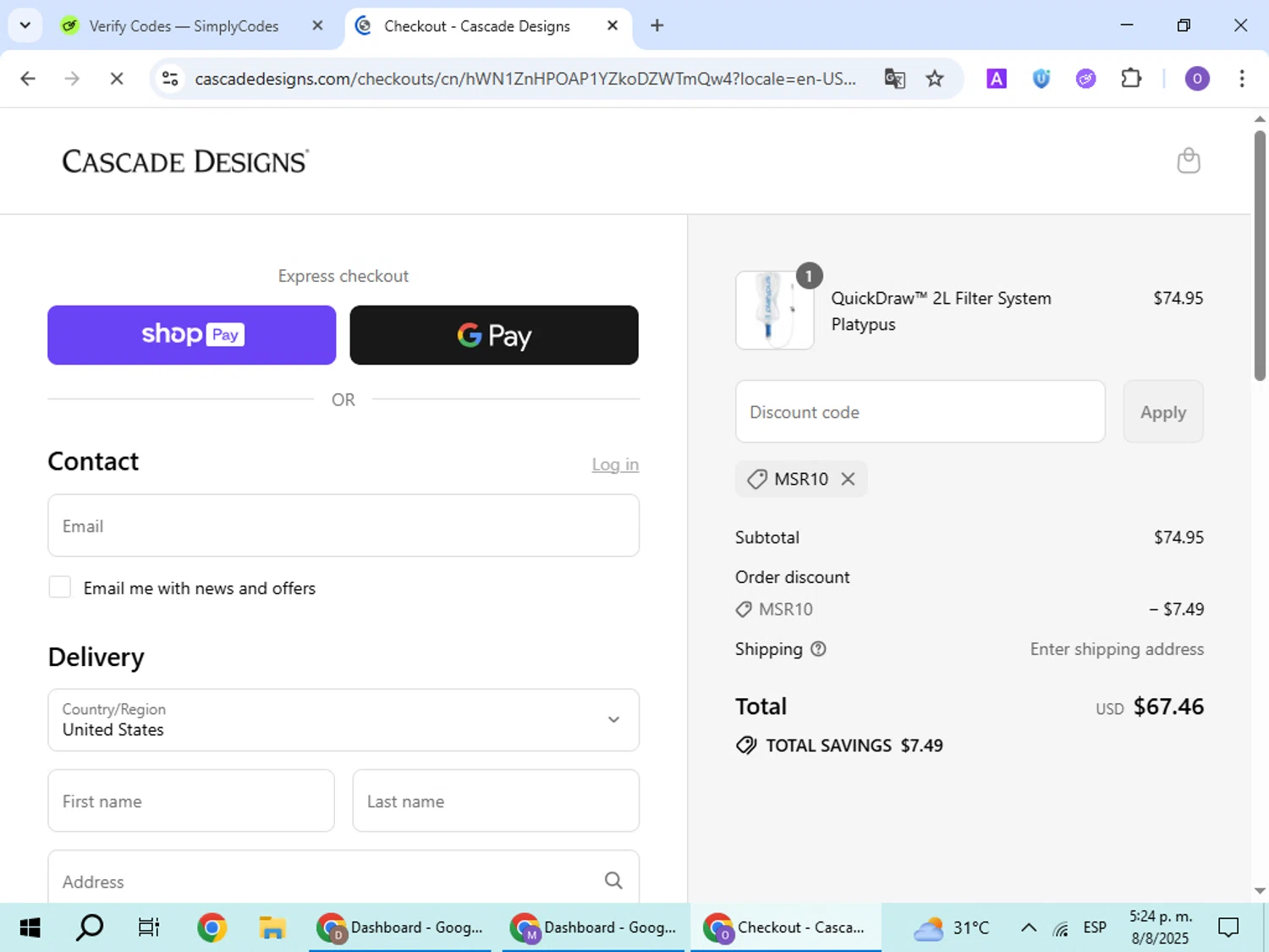 Platypus promo code screenshot showing code MSR10 applied at Platypus checkout page. Uploaded by SimplyCodes community member BudgetHawk9503 on Aug 8, 2025