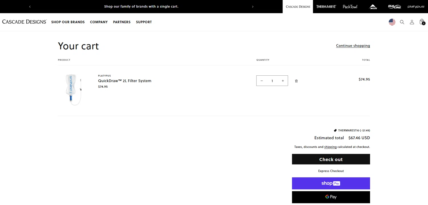 Platypus promo code screenshot showing code THERMAREST10 applied at Platypus checkout page. Uploaded by SimplyCodes community member Dorothy on Aug 5, 2025